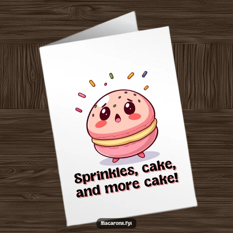 Funny Free Printable Birthday Card: A shocked macaron gasps at a cascade of delicious sprinkles, ready for a party.