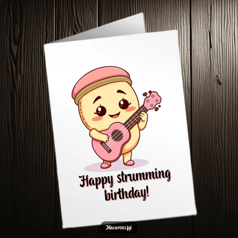 Funny Free Printable Birthday Card: Goofy macaron character strumming a tiny ukulele with great enthusiasm.