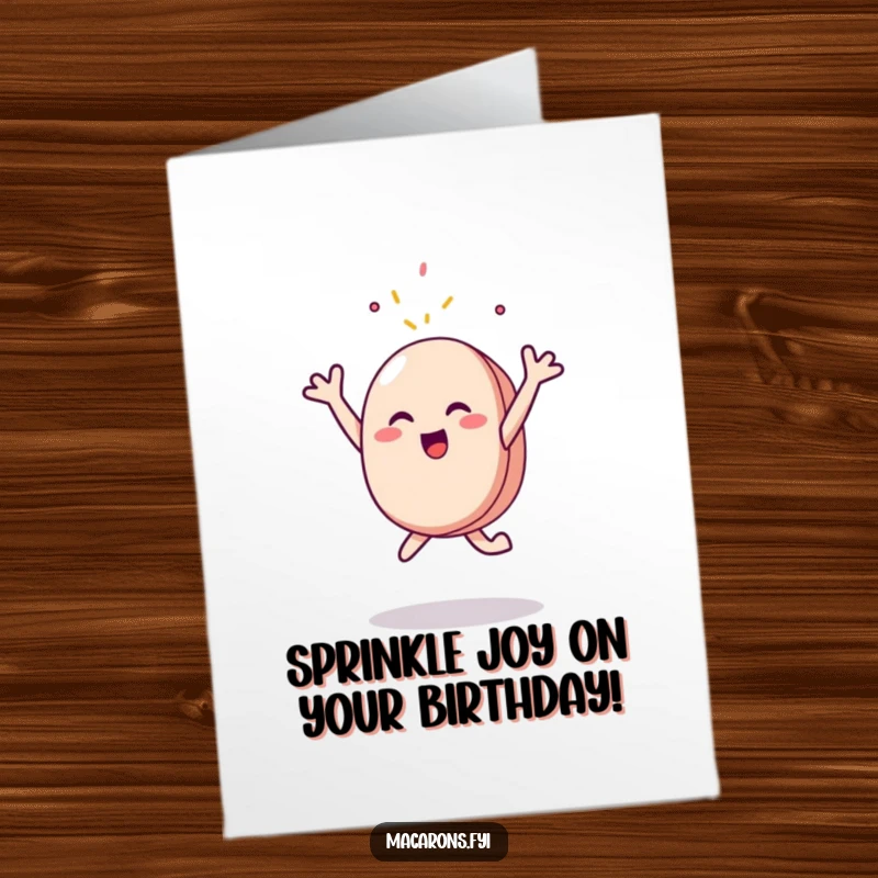 Funny Free Printable Birthday Card: Ecstatic macaron character leaping mid-air, arms outstretched for a cascade of colorful sprinkles.