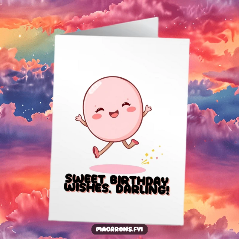 Funny Free Printable Birthday Card: Happy macaron character skipping joyfully, leaving a trail of shimmering dust.