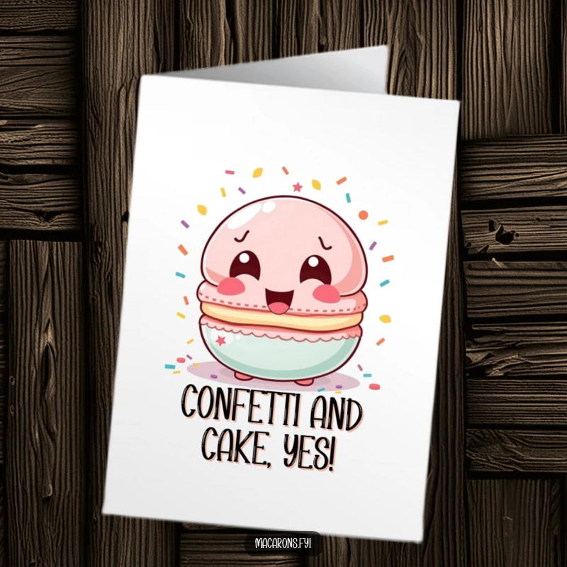 Funny Free Printable Birthday Card: Macaron character with wide laughing eyes, showered by colorful confetti, celebrating joyfully.