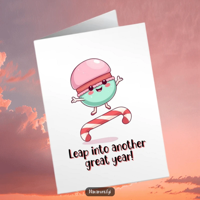 Funny Free Printable Birthday Card: A joyful macaron leaping over a giant candy cane loop-de-loop.
