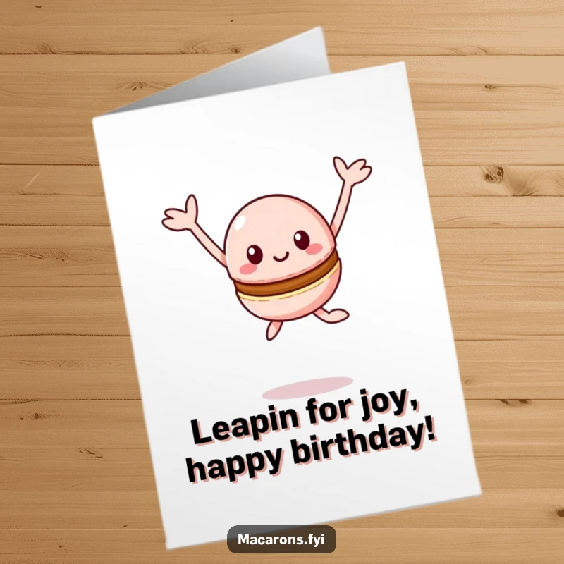 Funny Free Printable Birthday Card showing a kawaii macaron character leaping joyfully into the air with arms wide open.