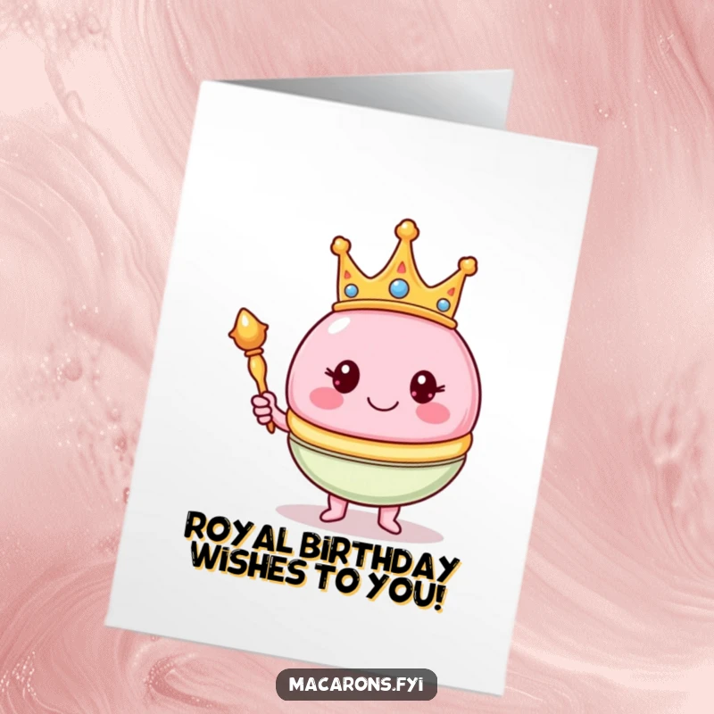 Free Printable Birthday Card: A smiling macaron wearing a crown and holding a scepter, a regal DIY downloadable gift.