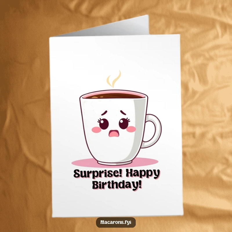 Funny Free Printable Birthday Card: Wide-eyed macaron character peeking out in shock from behind an oversized steaming coffee cup.