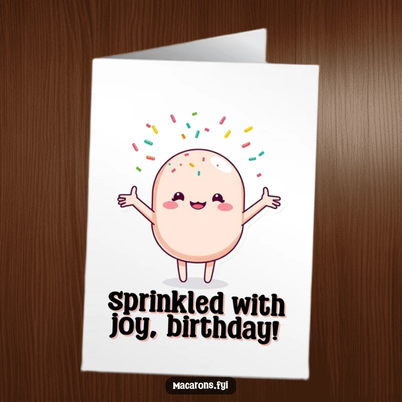 Funny Free Printable Birthday Card: Joyful macaron embraces a cascade of colorful sprinkles, a sweet DIY gift.