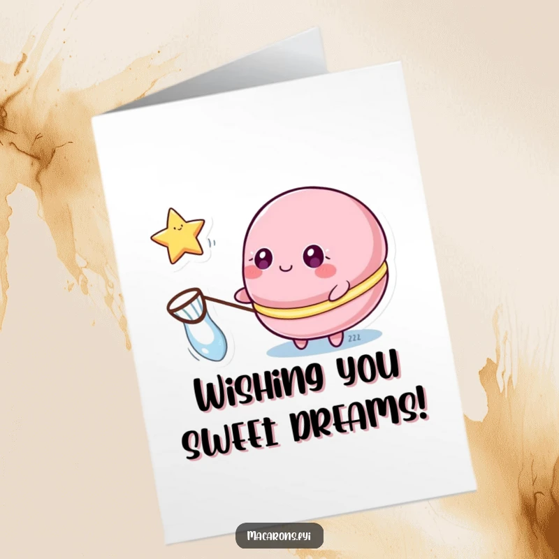 Funny free printable birthday card of a macaron character with sparkling eyes, catching a floating star with a small net.