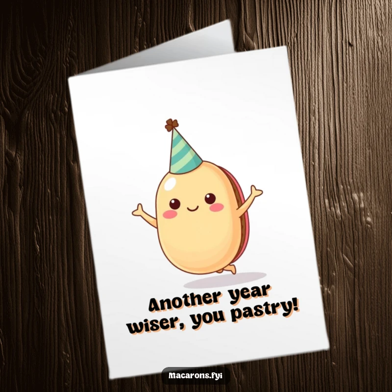 Funny Free Printable Birthday Card featuring a jumping macaron in a party hat bringing birthday wishes with a smile.