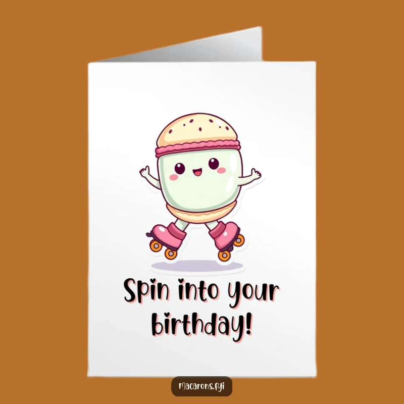 Free Printable Funny Macaron Birthday Card: Roller Skating Joy Downloadable Gift