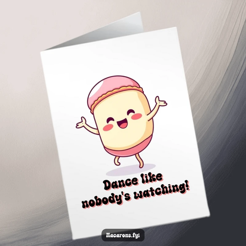 Funny Free Printable Kawaii Macaron Birthday Card: Macaron character dances wildly with exaggerated moves, a hilarious downloadable art for birthdays.