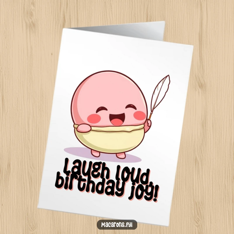 Funny Free Printable Kawaii Macaron Birthday Card: Macaron character laughs heartily from a tickle, a joyful downloadable art for birthday wishes.