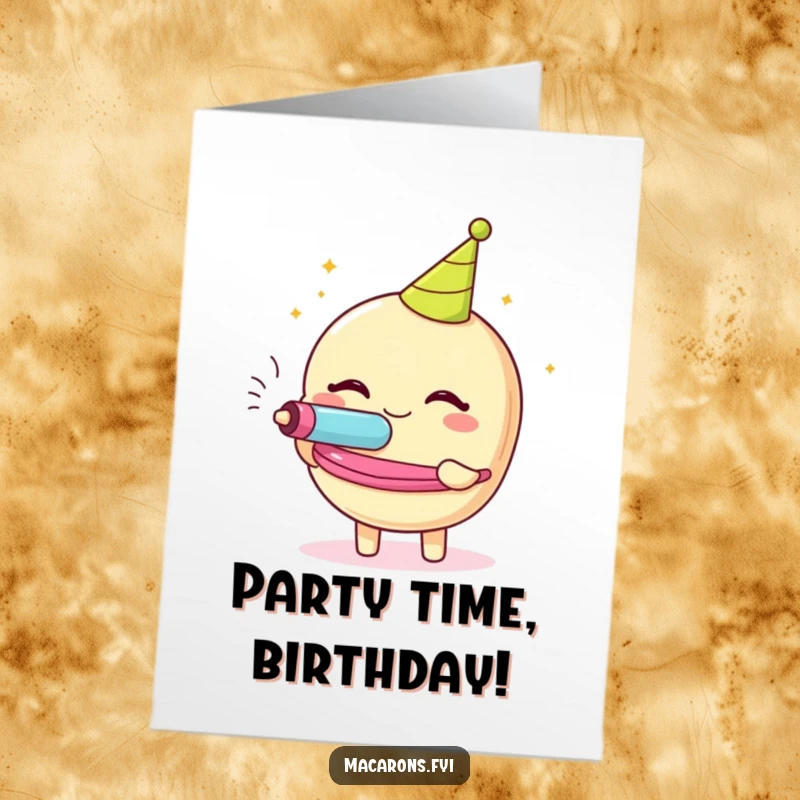 Funny Free Printable Birthday Card of a macaron character blowing a party blower with infectious glee and celebration.