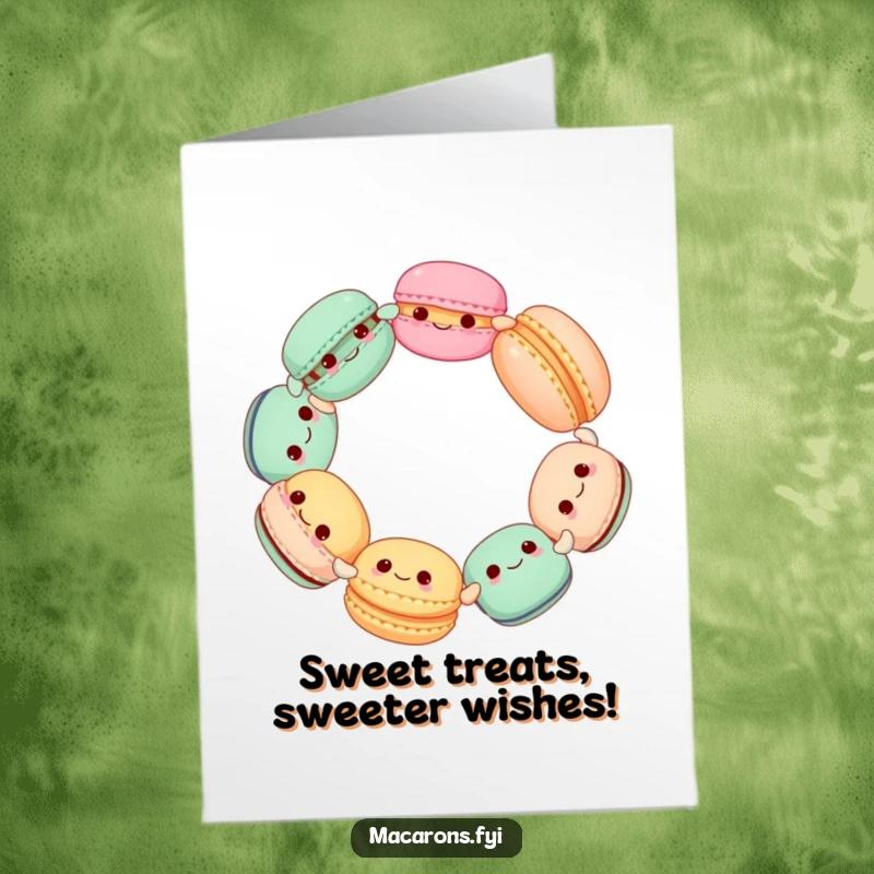 Funny Free Printable Birthday Card: Adorable macarons in a happy circle dance, spreading sweet cheer for your celebration.