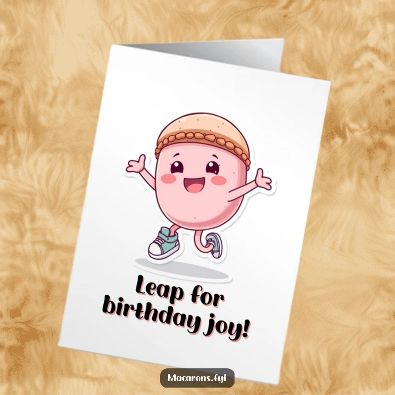 Funny Free Printable Birthday Card of a macaron character in tiny sneakers, leaping joyfully with pure excitement.