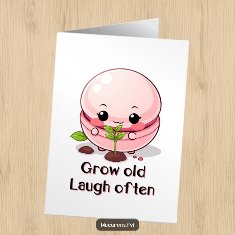 Funny Free Printable Birthday Card: Mischievous macaron character with a wide grin planting a tiny seed, ideal for a DIY gift.