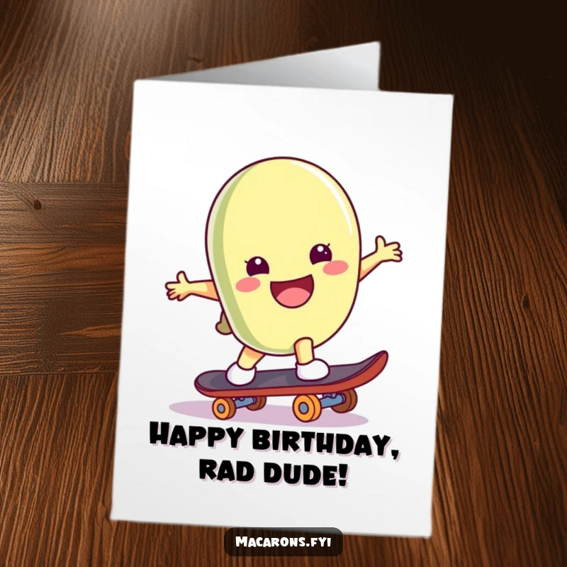 Funny Free Printable Birthday Card: A smiling macaron character performs a cool skateboard trick, celebrating your birthday with awesome energy.