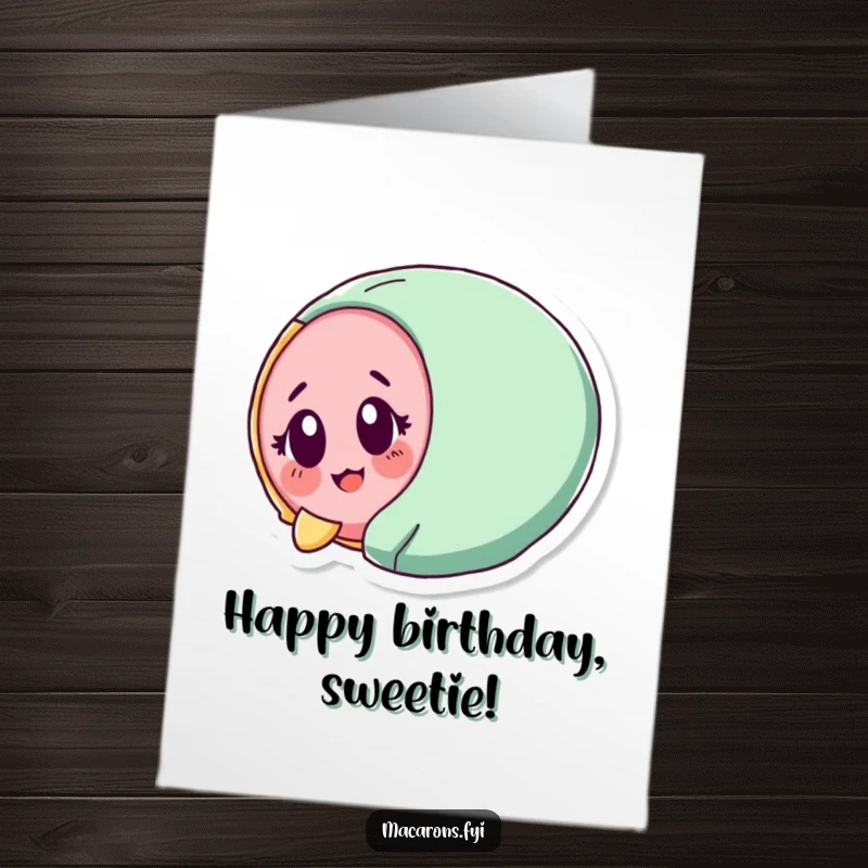 Funny Free Printable Birthday Card: Macaron character tumbling head over heels with a look of surprised, happy delight.