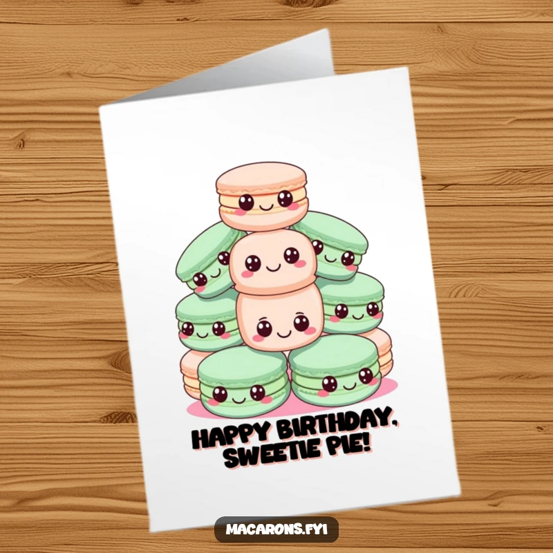 Funny Free Printable Birthday Card: Happy macarons form a pyramid, one wobbling precariously, celebrating a big day.