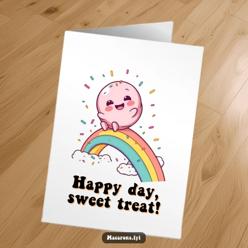 Funny free printable birthday card of a macaron character gleefully sliding down a rainbow into a cloud of colorful sprinkles.