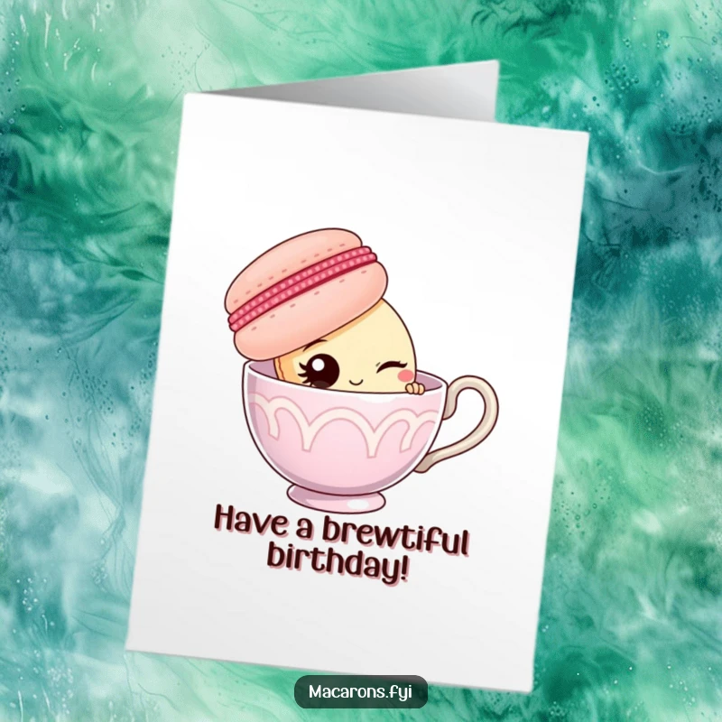 Funny Free Printable Birthday Card: A macaron peeking from behind a giant teacup, offering a cheeky wink with mischievous intent.
