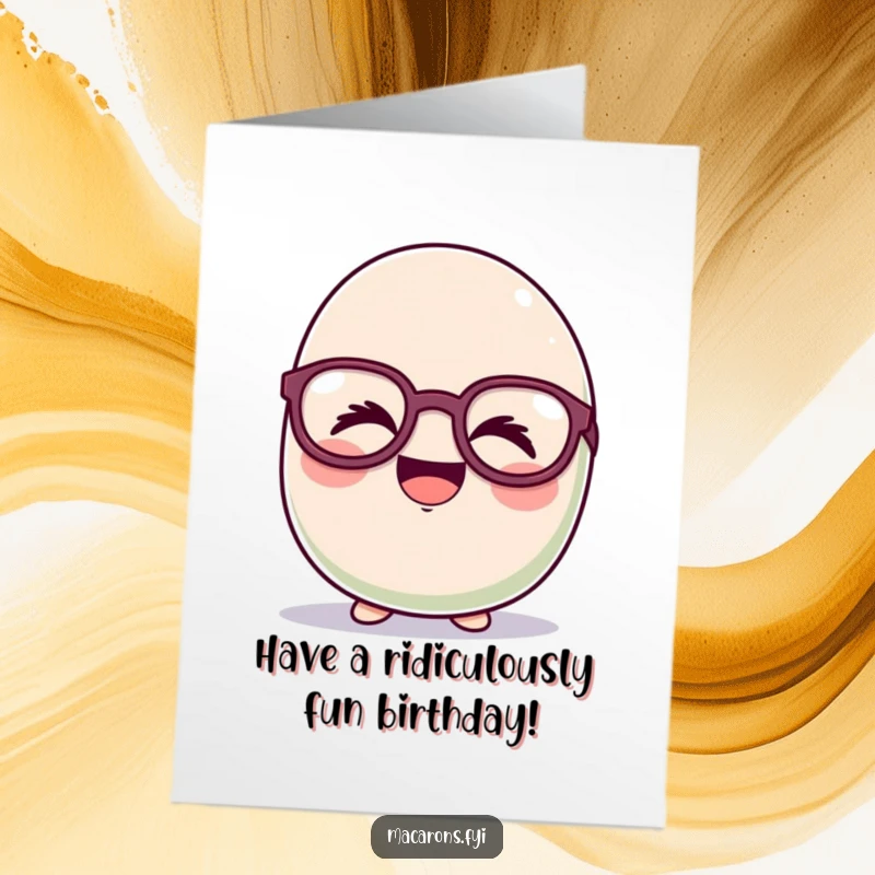 Funny Free Printable Birthday Card: Adorable macaron character with huge, funny glasses, laughing uncontrollably.