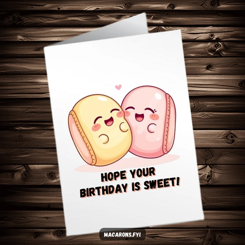 Funny Free Printable Birthday Card: Two cute macarons leaning together, sharing a secret giggle with playful expressions.