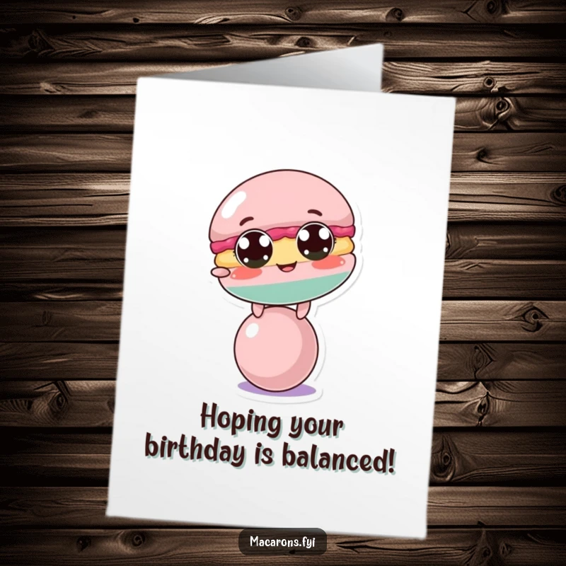Funny Free Printable Birthday Card: A comically wide-eyed macaron struggling to balance on a tiny ball.