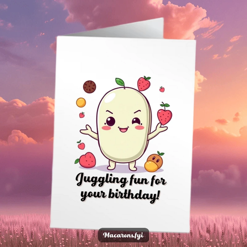 Funny Free Printable Birthday Card: A cheeky macaron character masterfully juggling small, colorful fruits with a wide, mischievous grin.