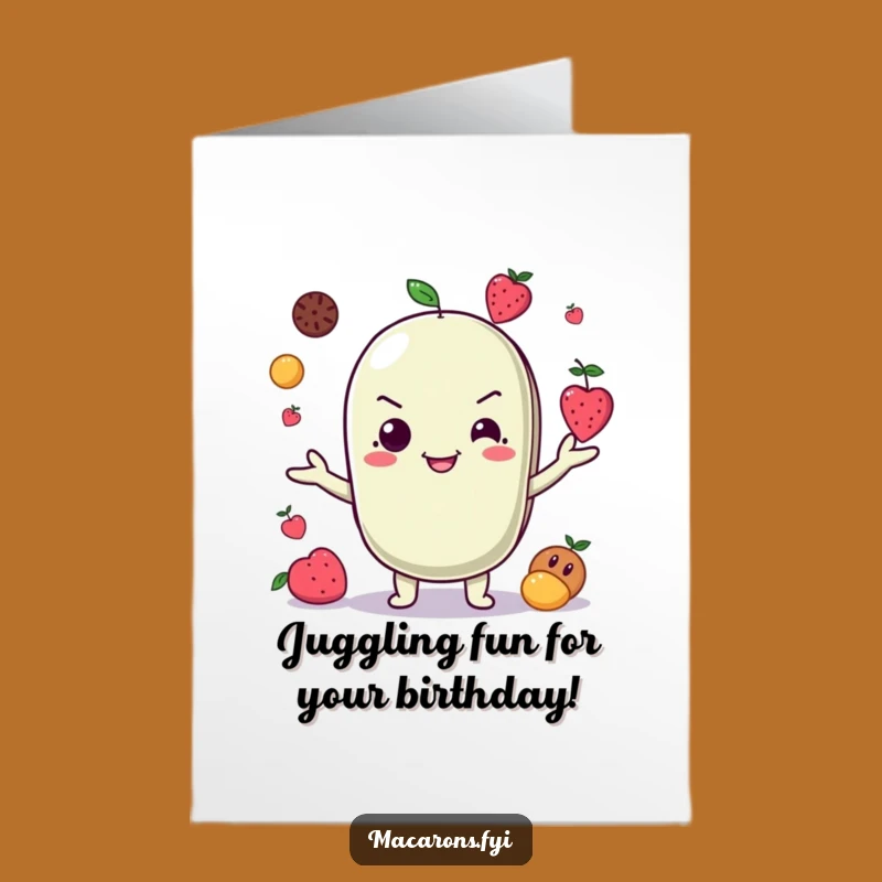Free Printable Birthday Card: Juggling Macaron Fruits Funny Downloadable Gift