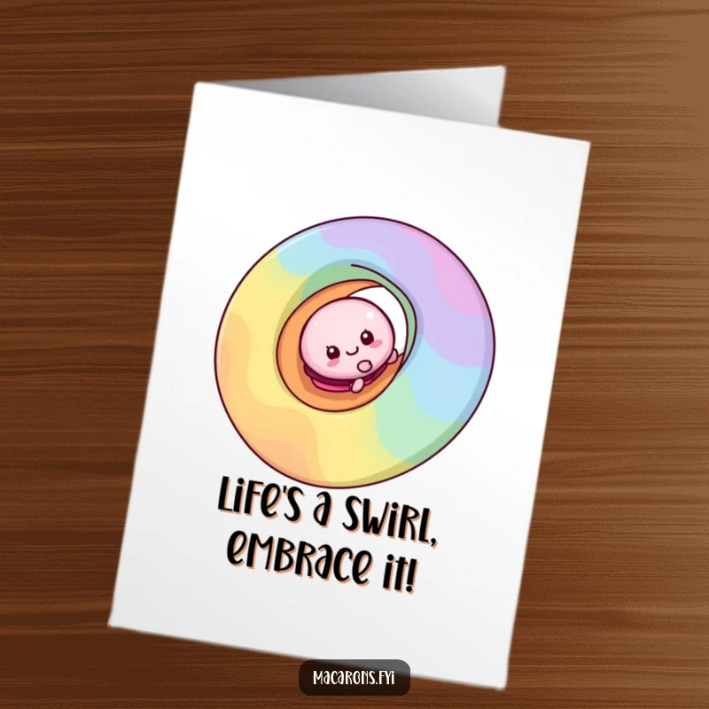 Funny Free Printable Birthday Card: Adorable macaron character joyfully sliding down a vibrant rainbow swirl.