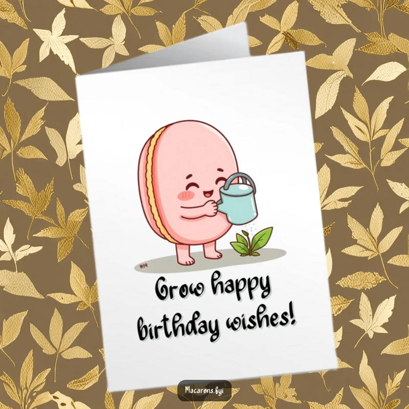 Funny Free Printable Macaron Birthday Card: A macaron happily waters a small sprout with a tiny watering can.
