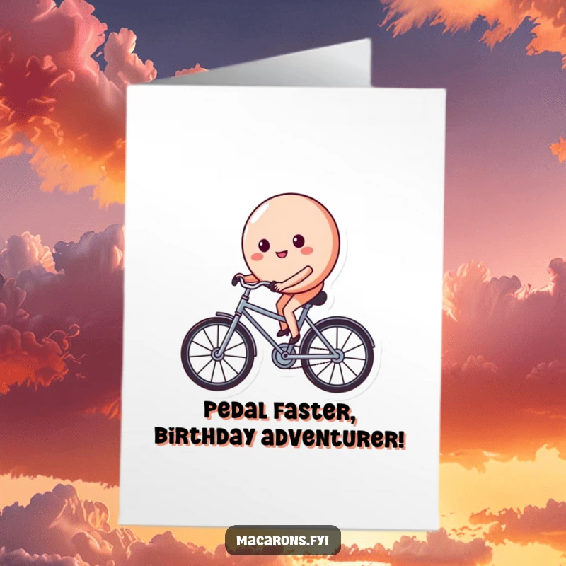 Funny free printable birthday card: determined macaron character blissfully cycling on a miniature bike, spreading Giggles.