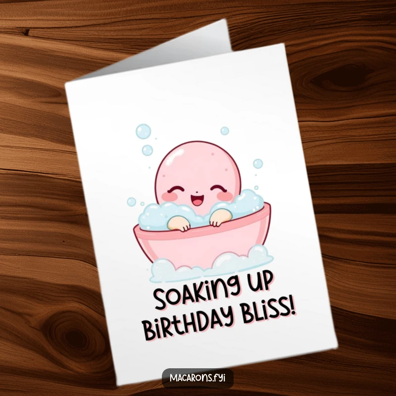 Funny Free Printable Birthday Card showing a smiling macaron character luxuriating in a bubbly bath, looking utterly blissful and happy.
