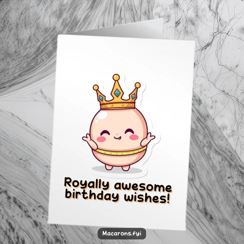 Funny Free Printable Birthday Card: Adorable macaron character wearing a tiny crown, striking a comically regal pose.