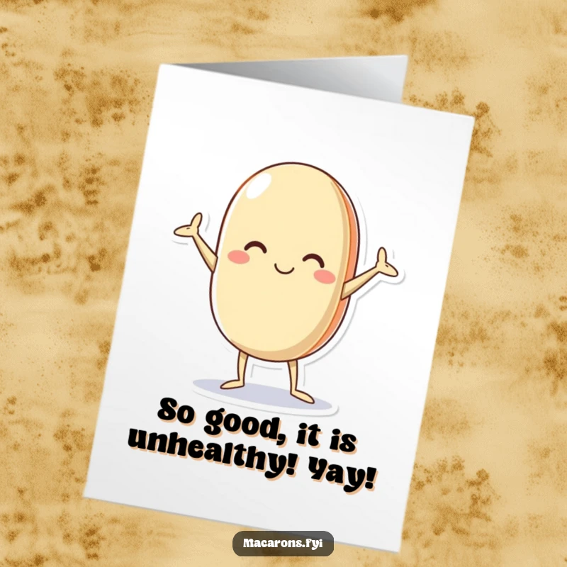 Funny Free Printable Birthday Card: A whimsical macaron character in a chaotic, joyful pose, arms and legs akimbo, ready to party.