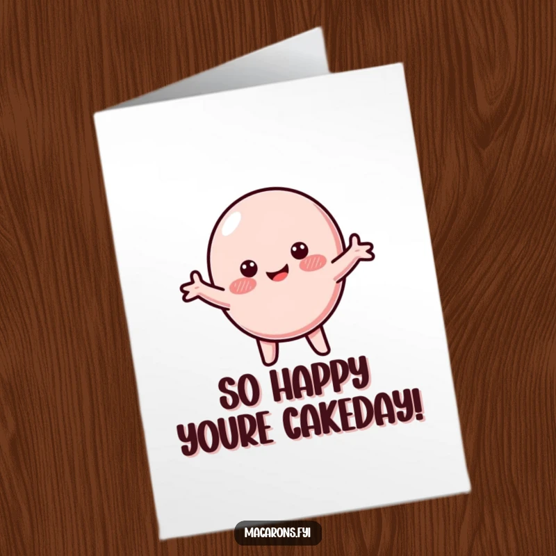 Funny free printable birthday card of a macaron character with a happy blush, spinning joyfully with arms wide open.