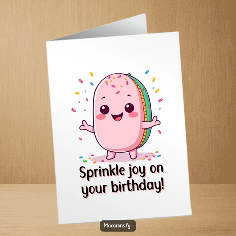 Funny Free Printable Birthday Card showing a kawaii macaron character happily juggling colorful sprinkles with a huge grin.