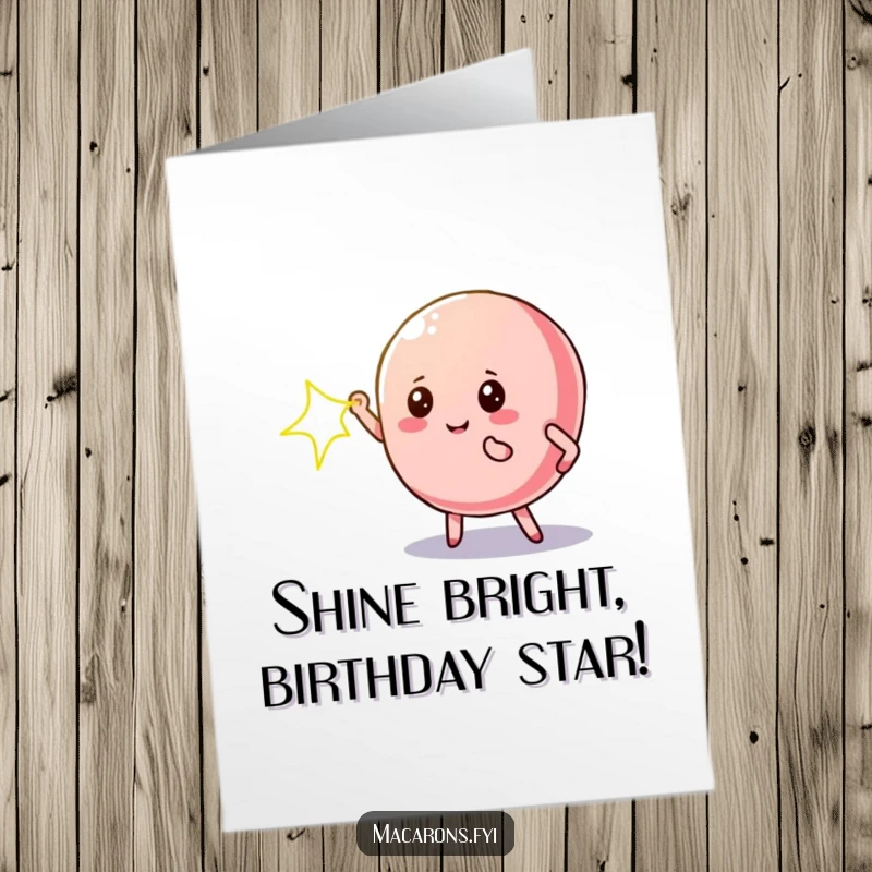 Funny Free Printable Birthday Card: Macaron character striking a dramatic pose under a spotlight, celebrating the birthday star sensationally.