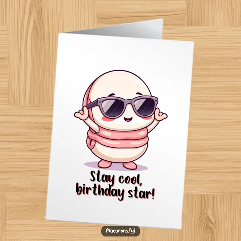 Funny Free Printable Kawaii Macaron Birthday Card: Macaron character sports sunglasses, striking a cool pose, perfect for a stylish downloadable art birthday card.