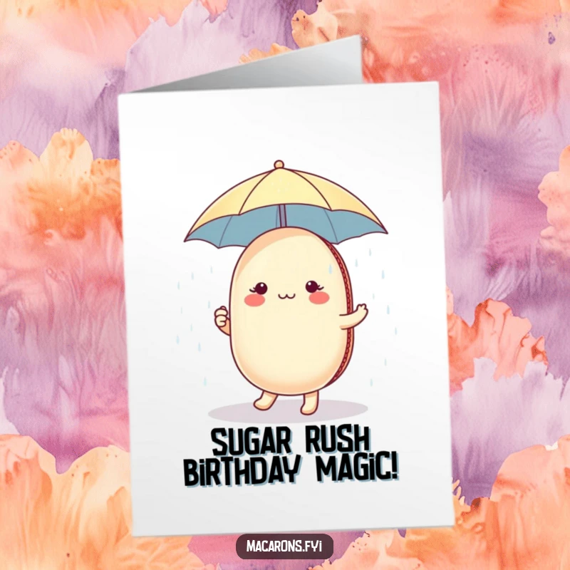 Funny Free Printable Birthday Card: Adorable macaron with tiny umbrella dancing joyfully in a shower of sugar. A downloadable delight.