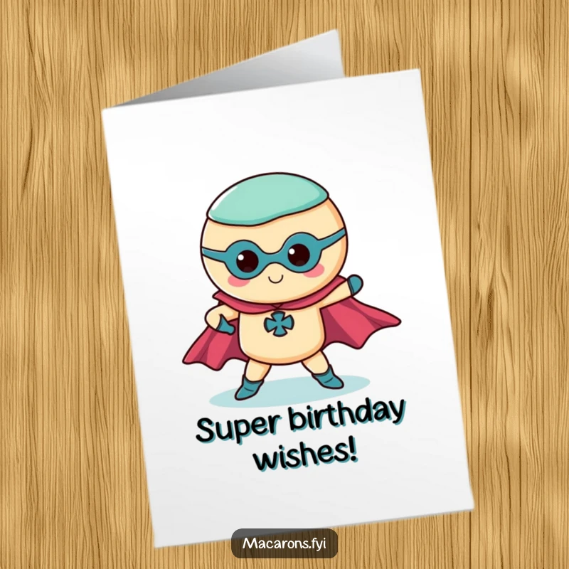 Funny Free Printable Birthday Card: A macaron strikes a heroic pose with flowing capes, ready for a celebration.