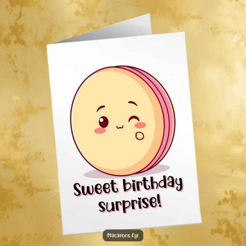 Funny Free Printable Birthday Card of a macaron character peeking mischievously from behind a giant macaron, ready for fun.