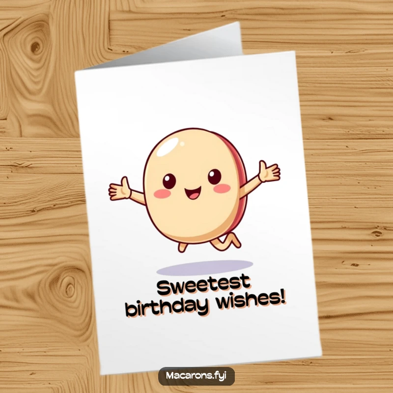 Funny Free Printable Birthday Card: A cheerful macaron character with arms out, joyfully sprinting forward with excitement.