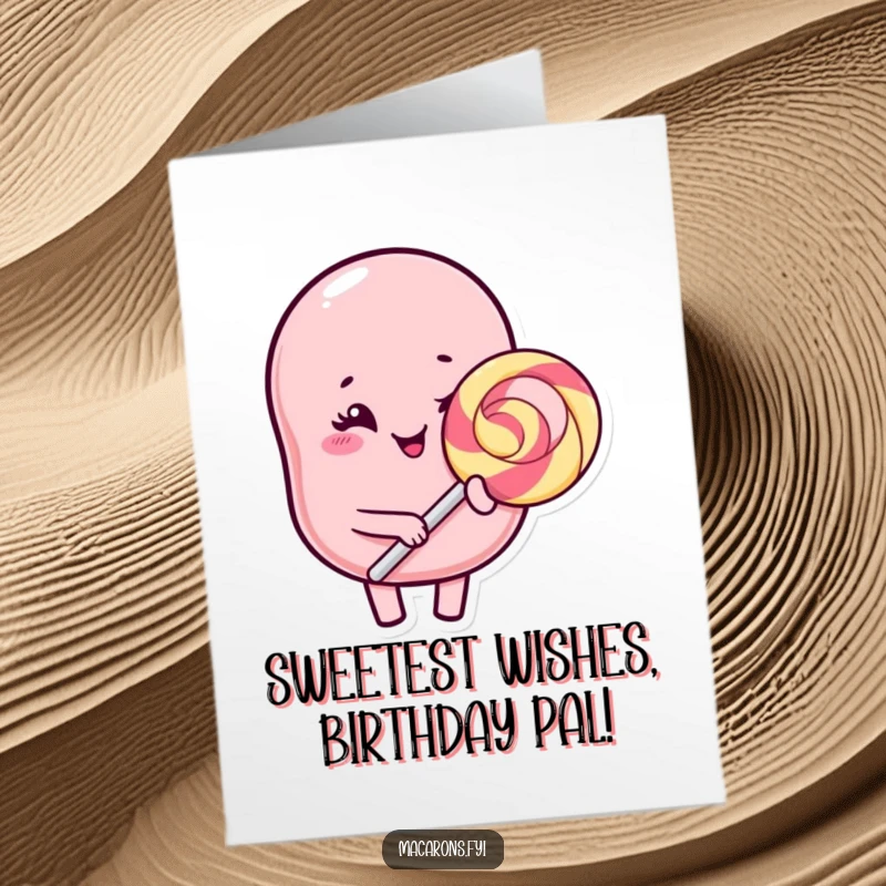 Funny Free Printable Kawaii Macaron Birthday Card: Winking macaron character holds a giant lollipop, a sweet and playful downloadable art for birthdays.