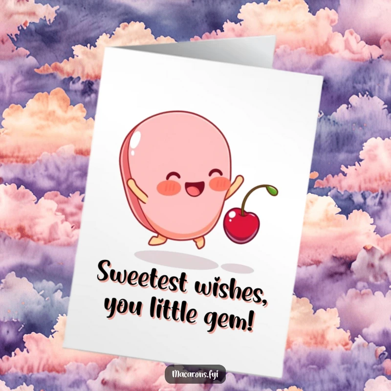 Funny Free Printable Birthday Card featuring a blushing macaron joyfully leaping as a cherry lands, perfect for a sweet gift.