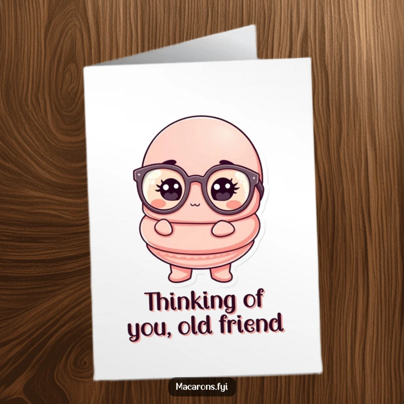 Funny Free Printable Birthday Card: Macaron character with huge glasses looking comically thoughtful, ideal for a quirky birthday wish.