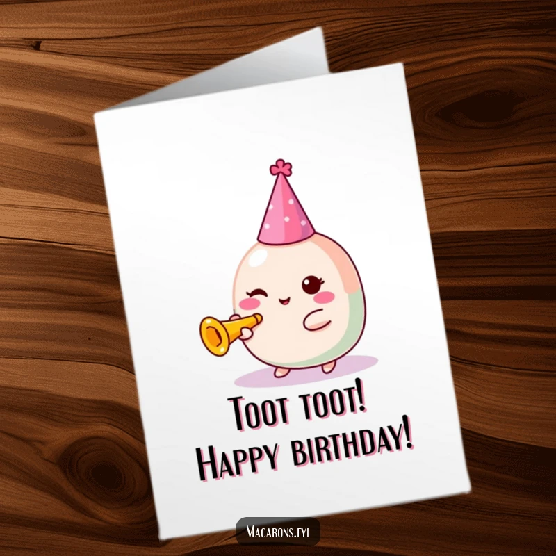 Funny Free Printable Birthday Card featuring a kawaii macaron character in a party hat, blowing a tiny trumpet with excitement.