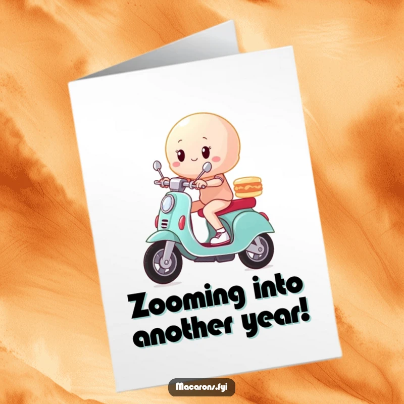 Funny Free Printable Birthday Card: Macaron character zooming on a miniature scooter with a triumphant, happy pose.