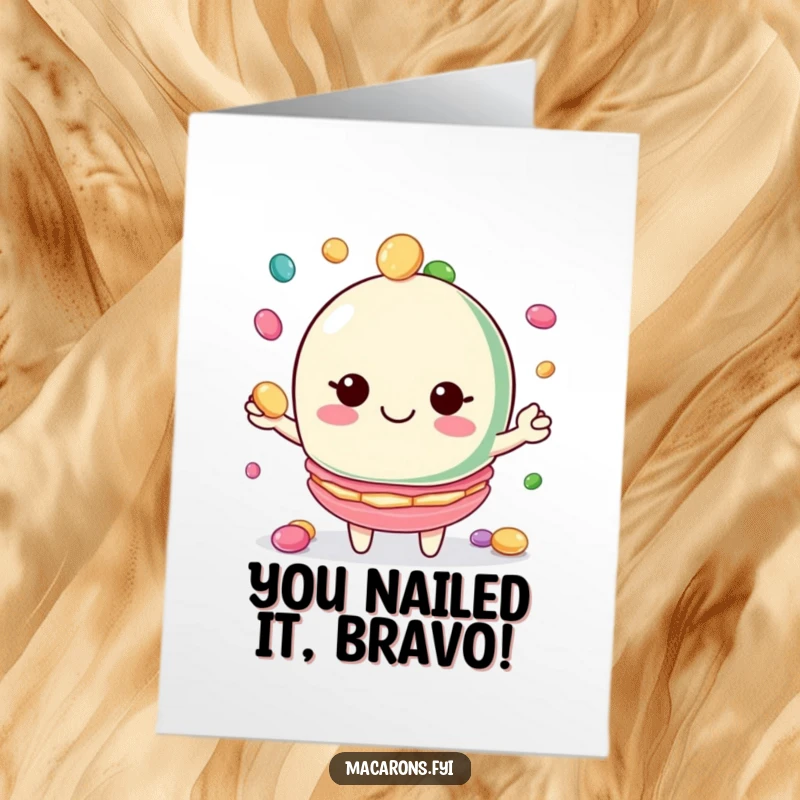 Free Printable Congratulations Card: Macaron character happily juggling colorful candies, symbolizing a sweet and successful achievement.