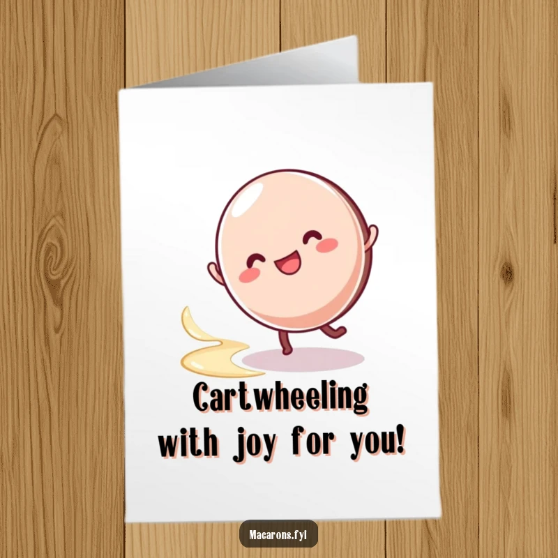 Funny Free Printable Congratulations Card: Agile macaron performing a cartwheel with a creamy swirl, celebrating success. A dynamic downloadable.